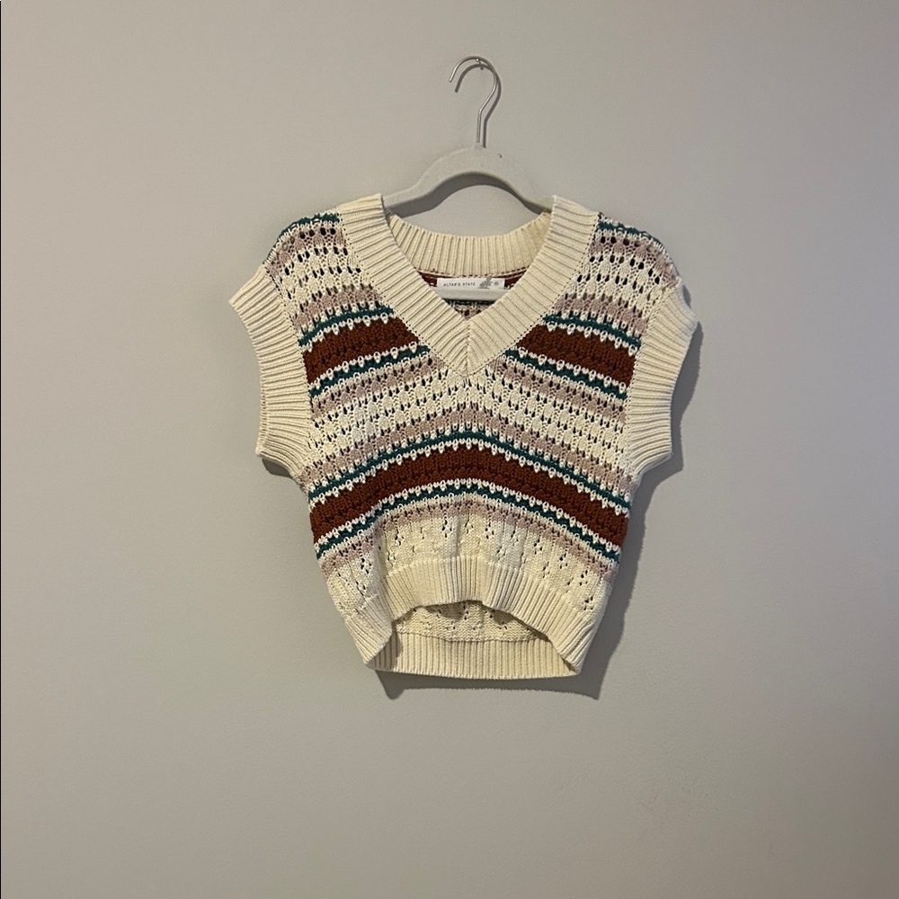 Altar'd State Cream and Brown V-Neck Sweater Vest